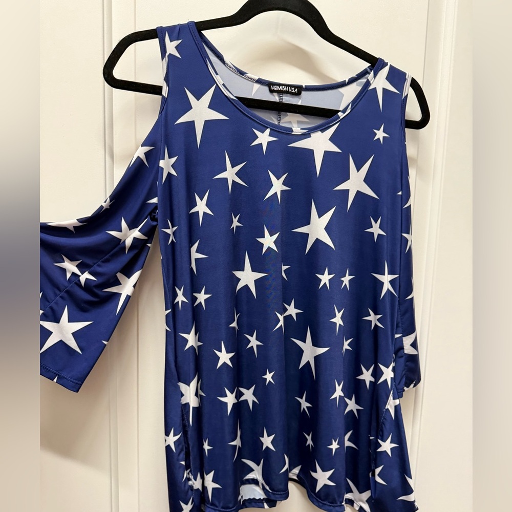 USA Blue Stars  Cold Shoulder 3/4 Sleeve Blouse Small Hemish USA